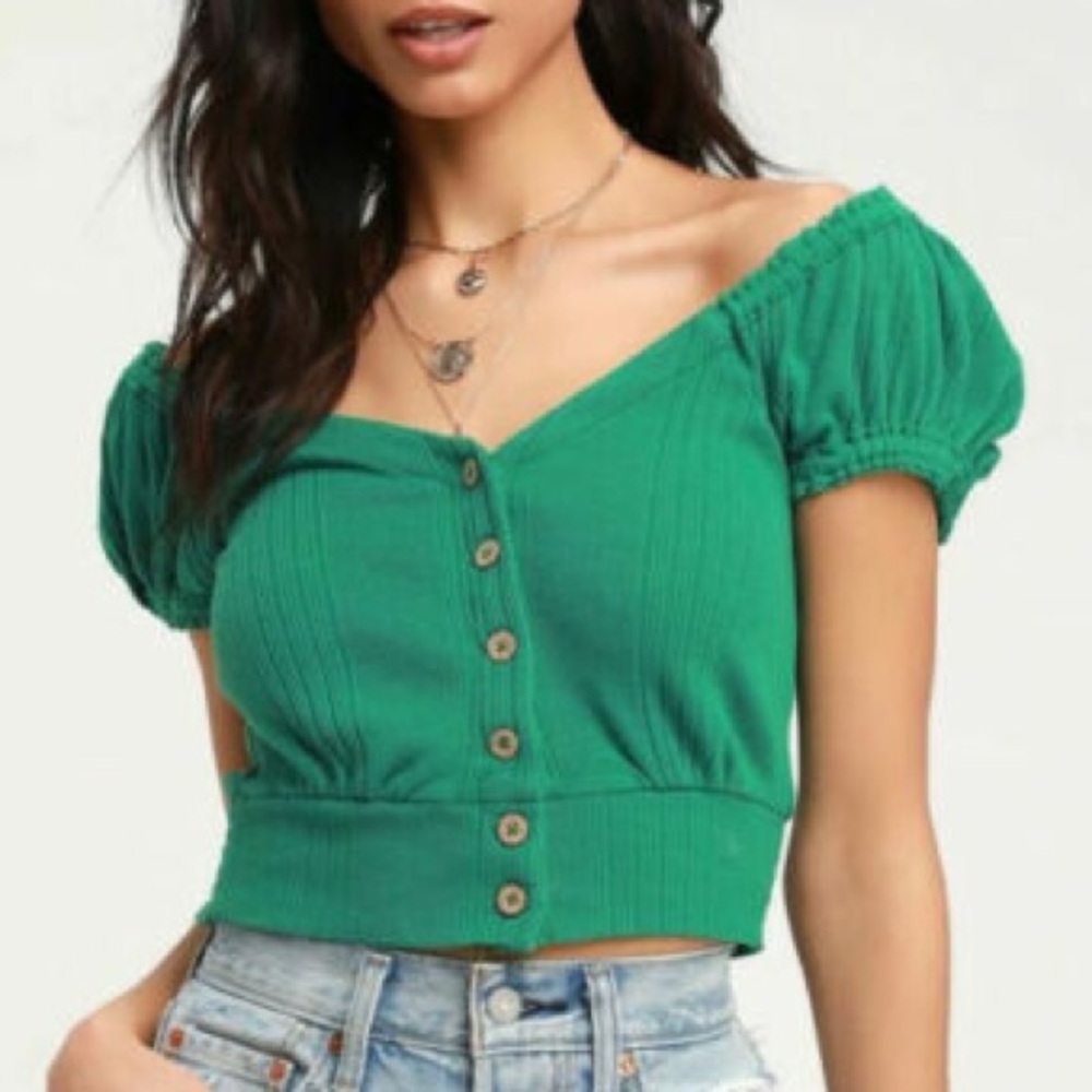 Small We the Free People Green Cropped Top Cold open Shoulders Button Down Boho